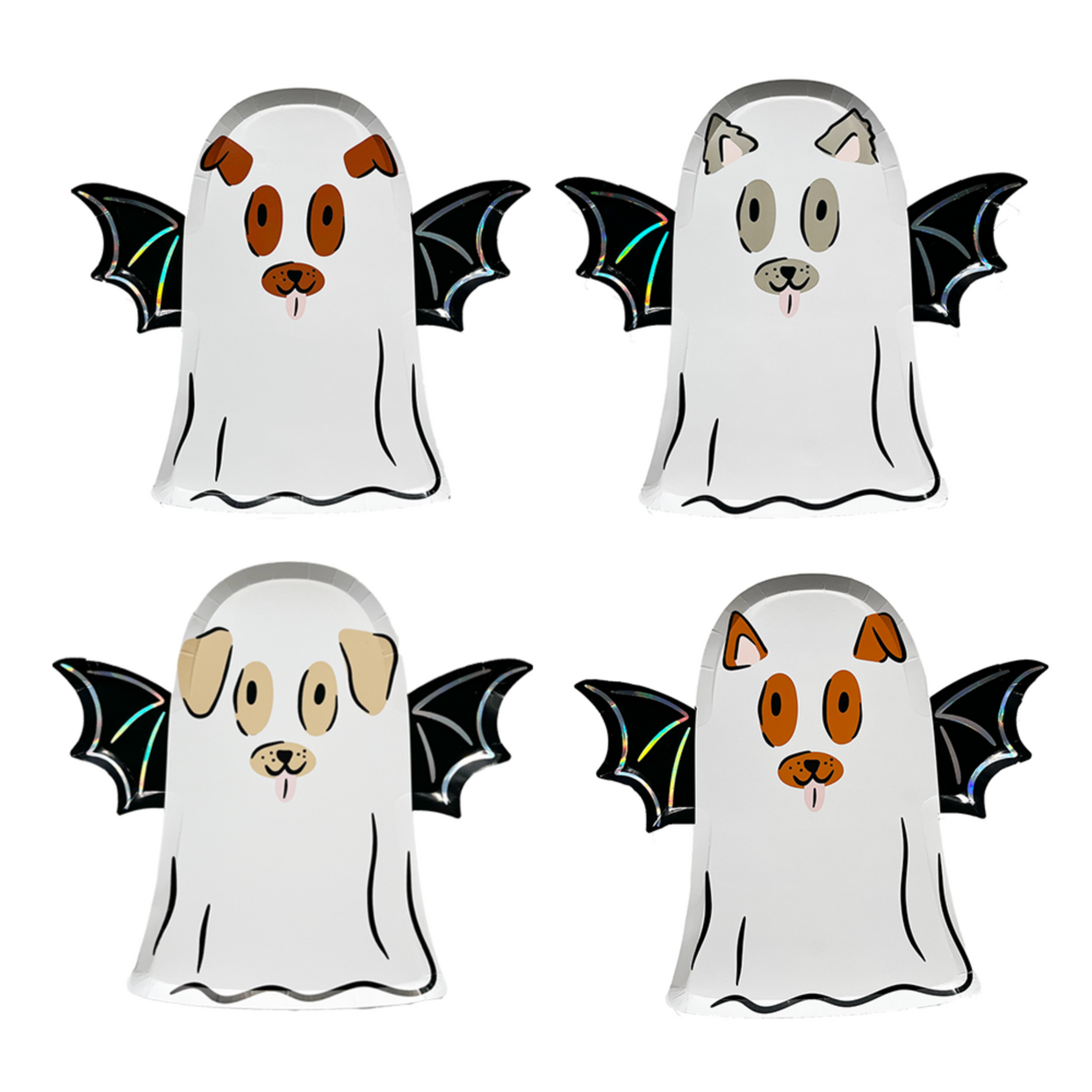 Four die-cut plates shaped like dogs in ghost costumes with black bat wings.