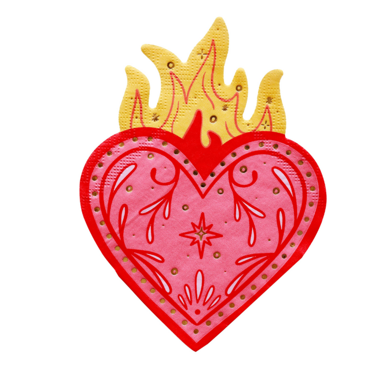 Die-cut large flaming heart napkin — gold flames, red heart outline, pink Folk Art interior with scrollwork and gold dot border, Jollity & Co.