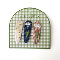 Gingham Embroidered Floral Hair Clip Set, Jollity & Co