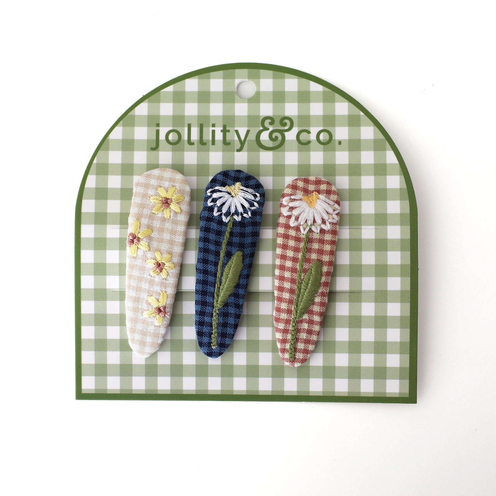 Gingham Embroidered Floral Hair Clip Set, Jollity & Co
