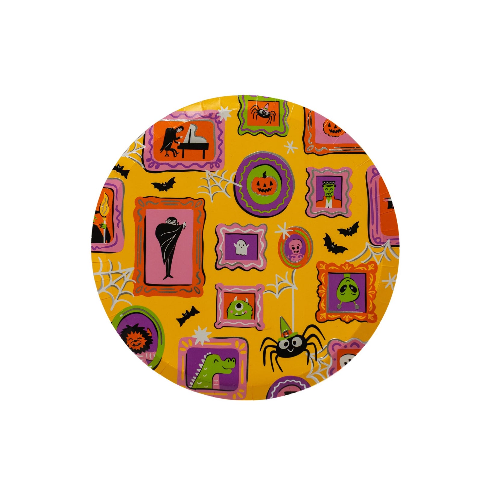 Round orange plate printed with framed cartoon monsters, spiders, bats, and webs.