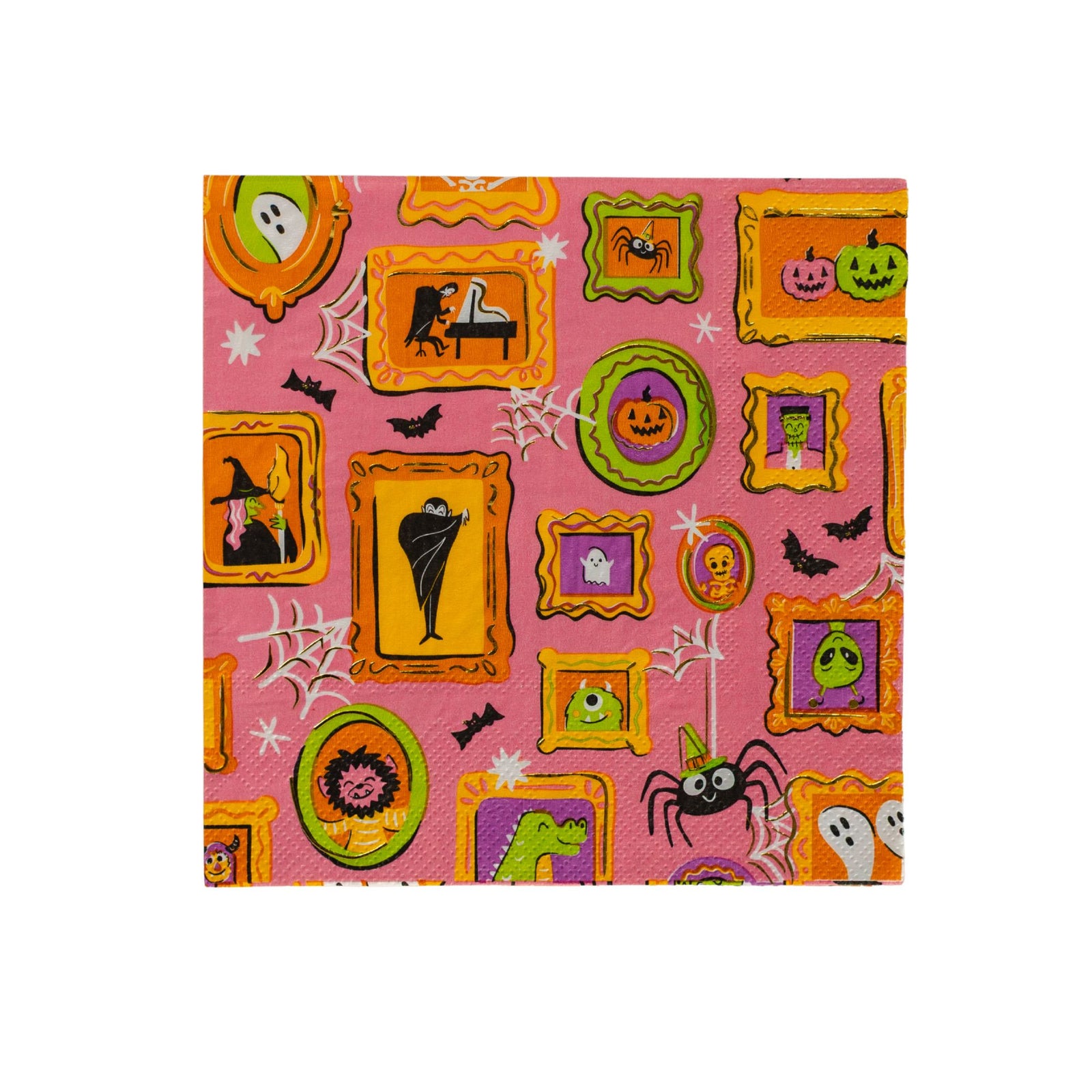 Pink napkin printed with ornate frames holding cartoon monsters, bats, and spiders.