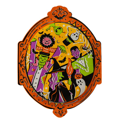 Die-cut serving platter shaped like an ornate orange frame with a group of cartoon monsters.