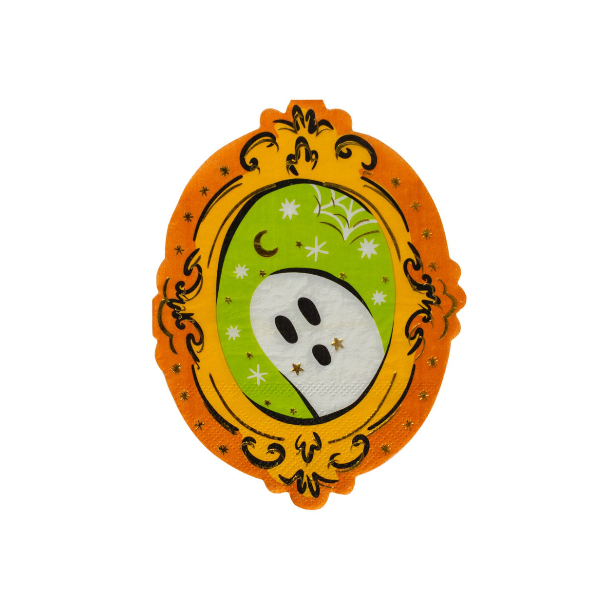 Die-cut guest napkin shaped like an ornate gold frame holding a white ghost on a green ground.