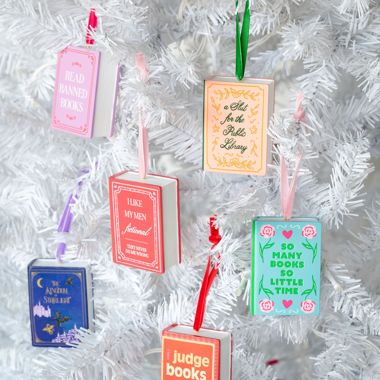 Read Banned Books Ornament, alternate angle.