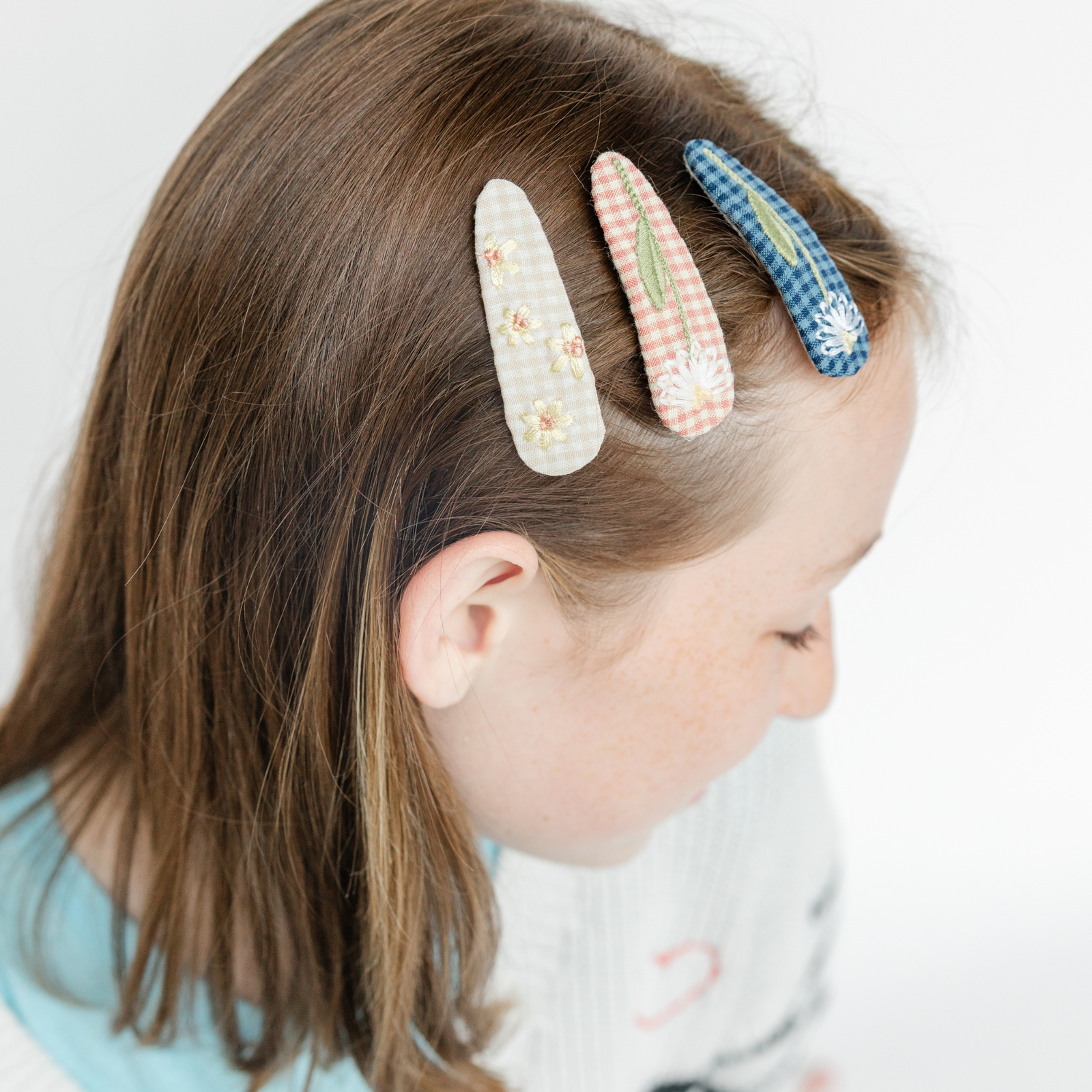 Gingham Embroidered Floral Hair Clip Set, Jollity & Co