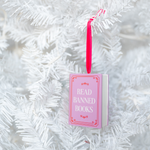 Read Banned Books Ornament, styled on a tree.
