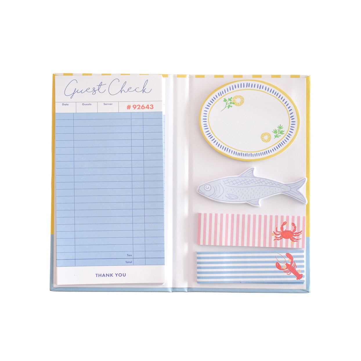 Notebook with colorful striped design and text on a white background
