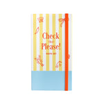 Notebook with colorful striped design and text on a white background