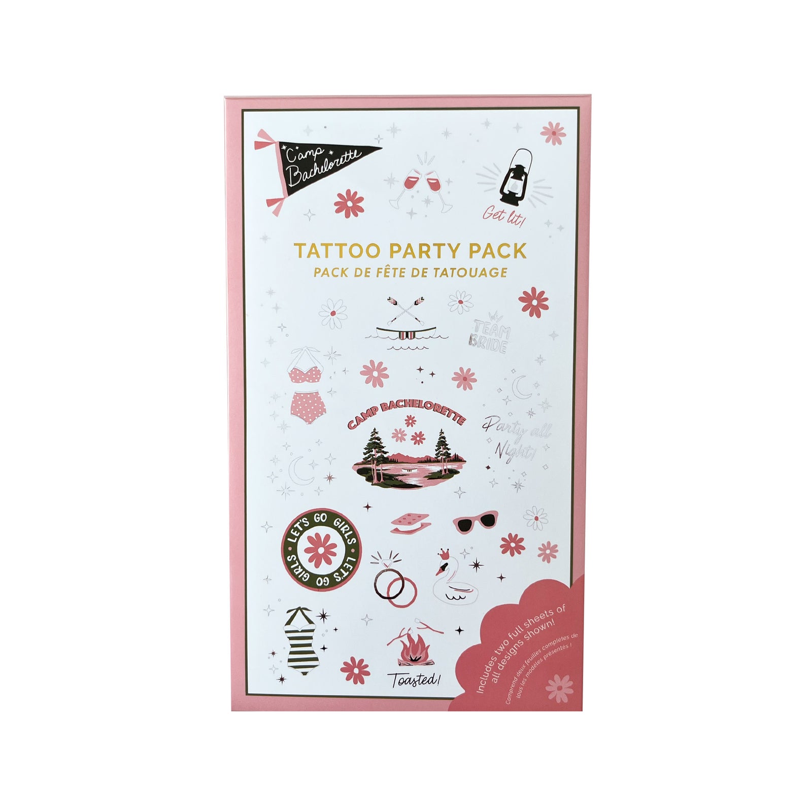 Camp Bachelorette Tattoo Party Pack, close-up of tattoo sheet designs.