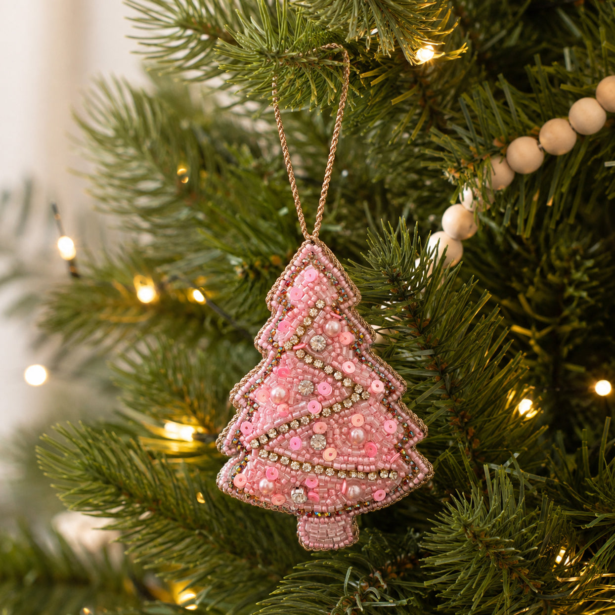 Beaded Christmas Tree Ornament in Pink