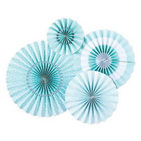 Fancy Party Fans Rosette Pinwheels Cream & White/Ivory with Blue, 4 Fa -  Quick Candles