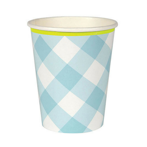 blue gingham party paper cups