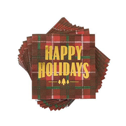 "Happy Holidays" Plaid Cocktail Napkins