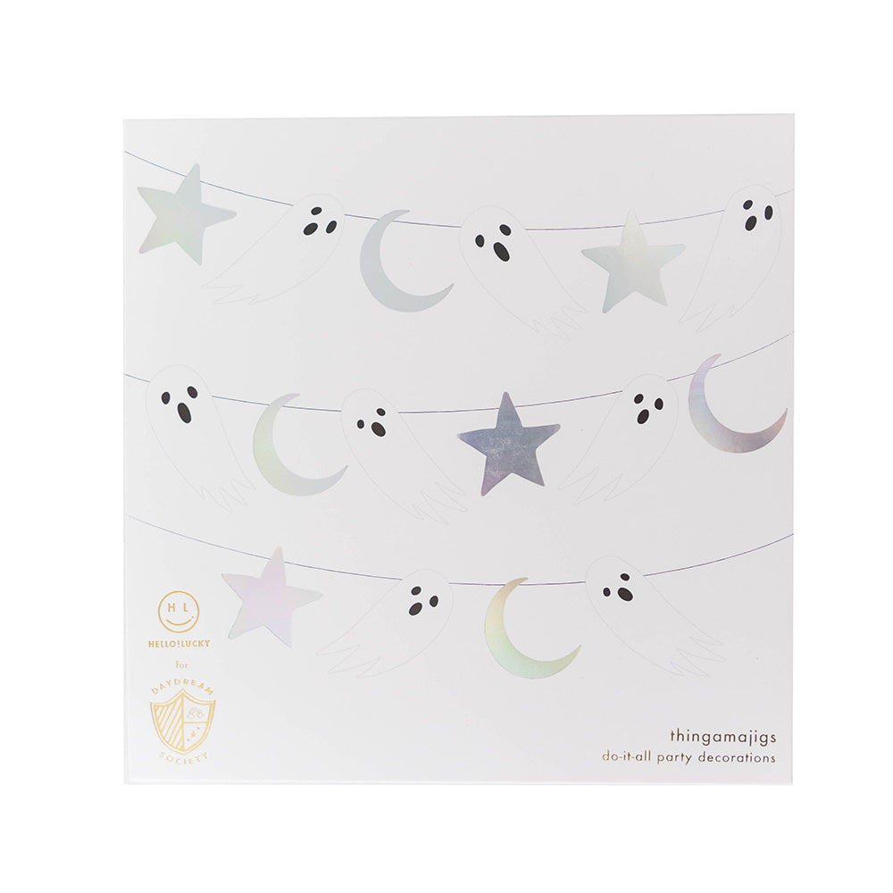 Packaged garland of iridescent ghosts, stars, and crescent moons strung in rows.