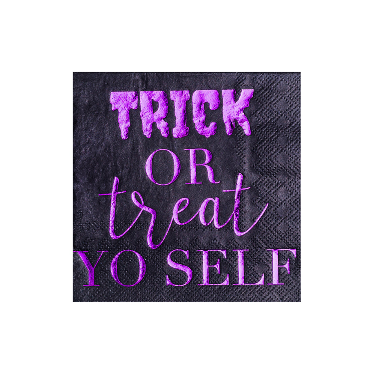 Black cocktail napkin with purple foil lettering reading 