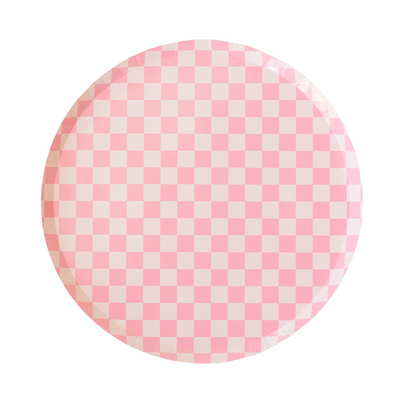 Round pastel pink checkerboard dinner plate on a white background.