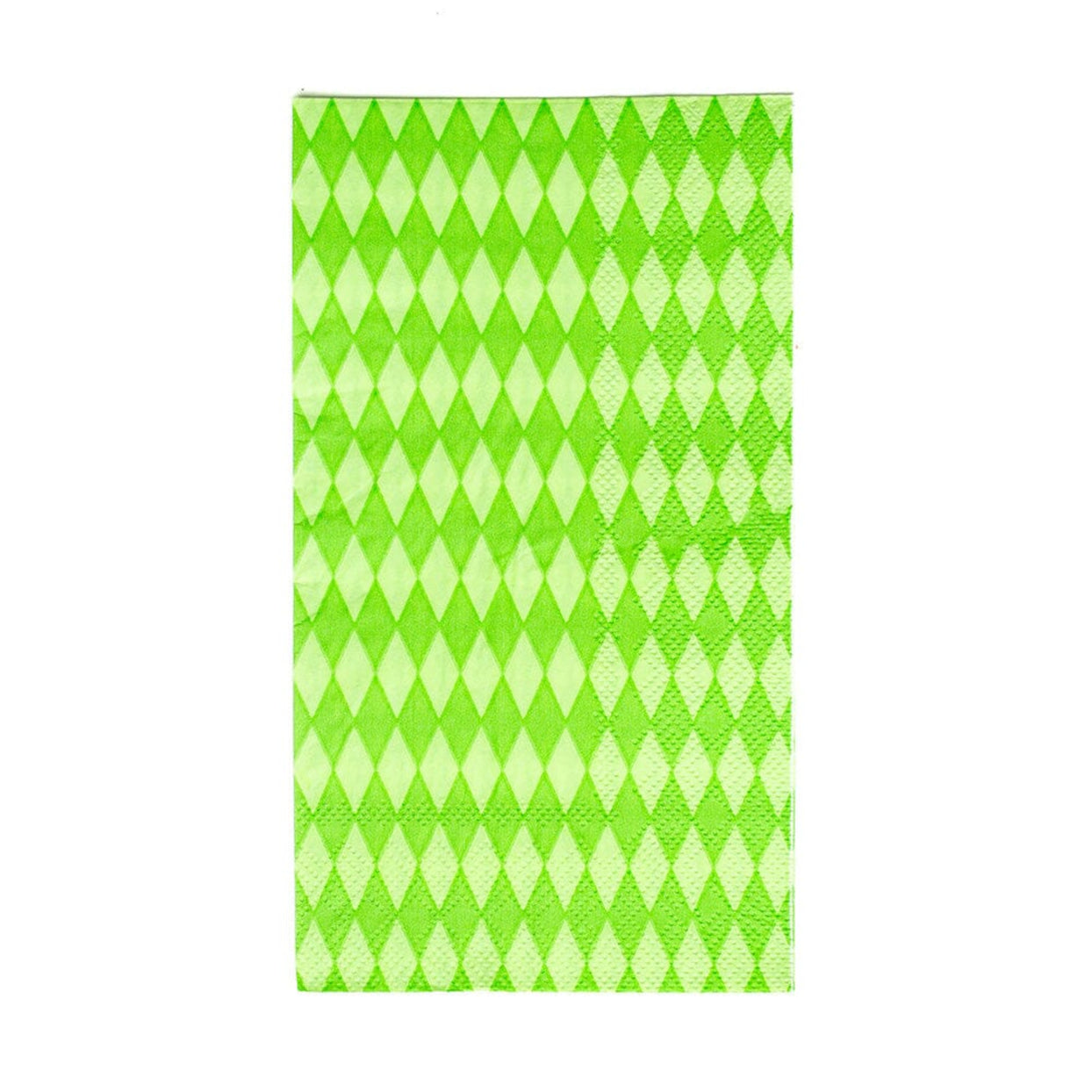 Two-tone green harlequin diamond guest napkin, folded, on a white background.