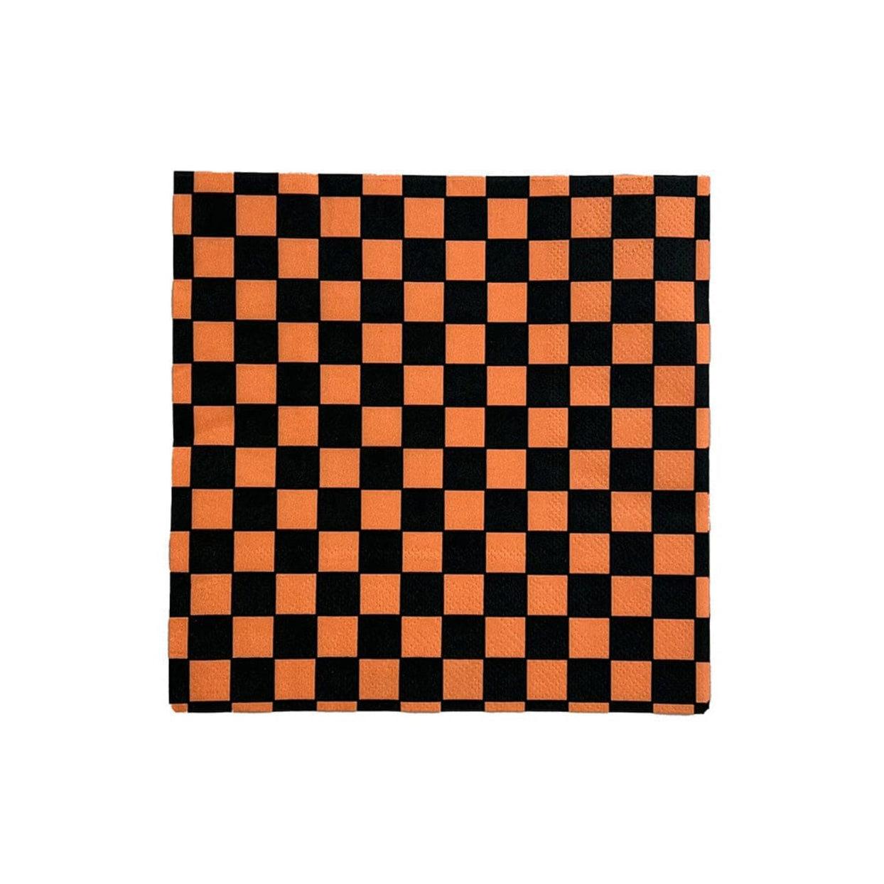 Orange-and-black checkerboard cocktail napkin on a white background.