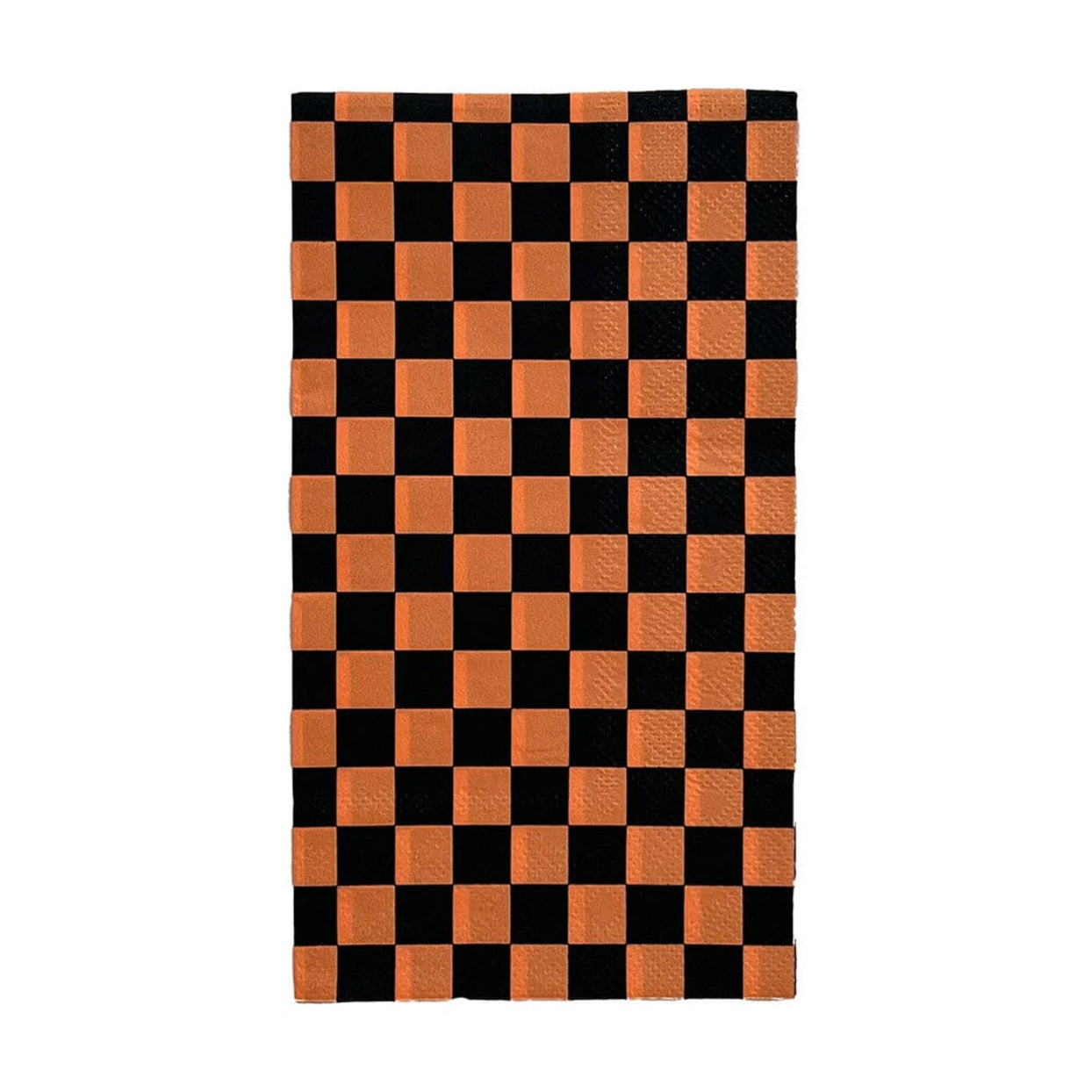 Orange-and-black checkerboard guest napkin, folded, on a white background.
