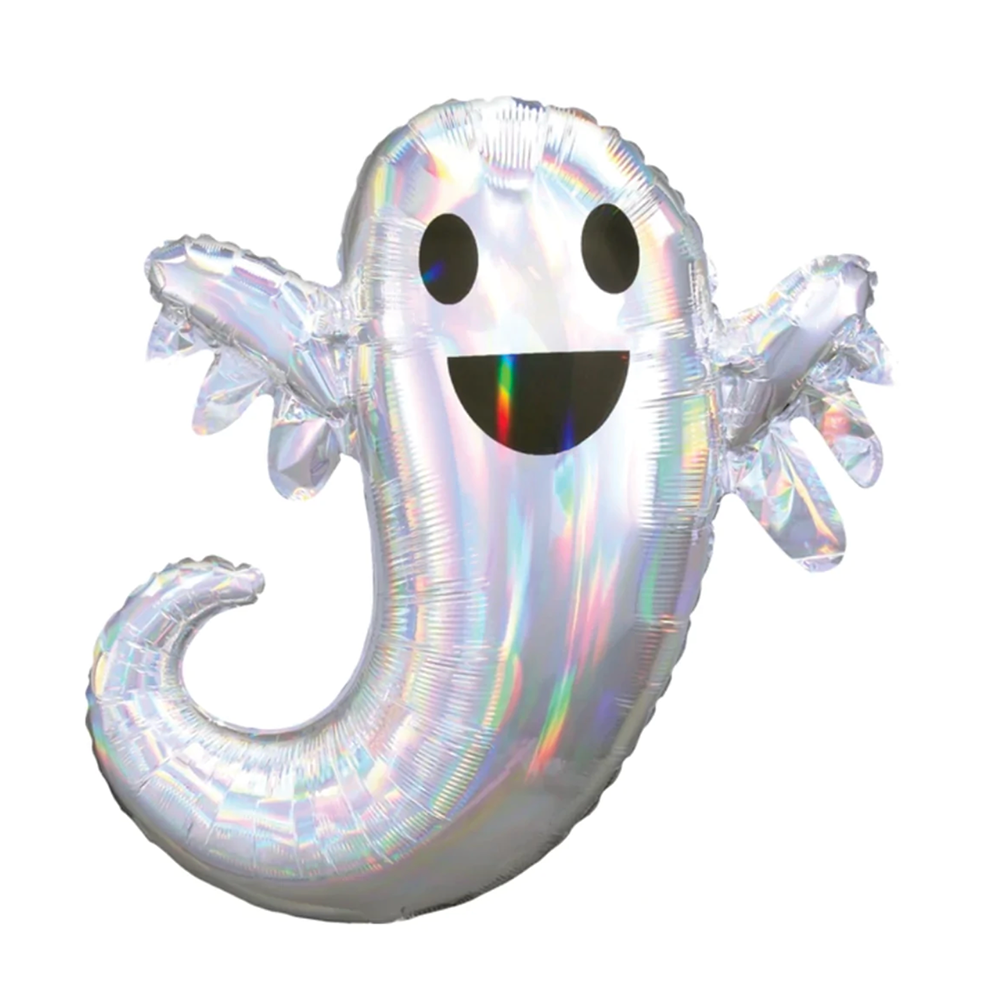Iridescent silver ghost-shaped foil balloon with a smiling face.