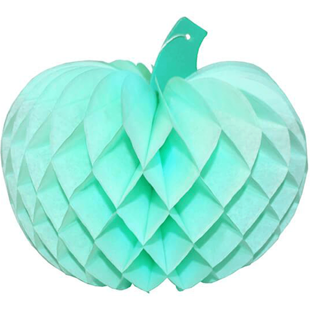 Mint honeycomb tissue paper pumpkin with a green stem, pastel Halloween accent.
