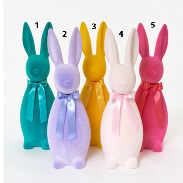 Easter gingham bunnies and carrots in pink, blue, purple, yellow and orange  printed on 1.5 white single face satin, 10 yards