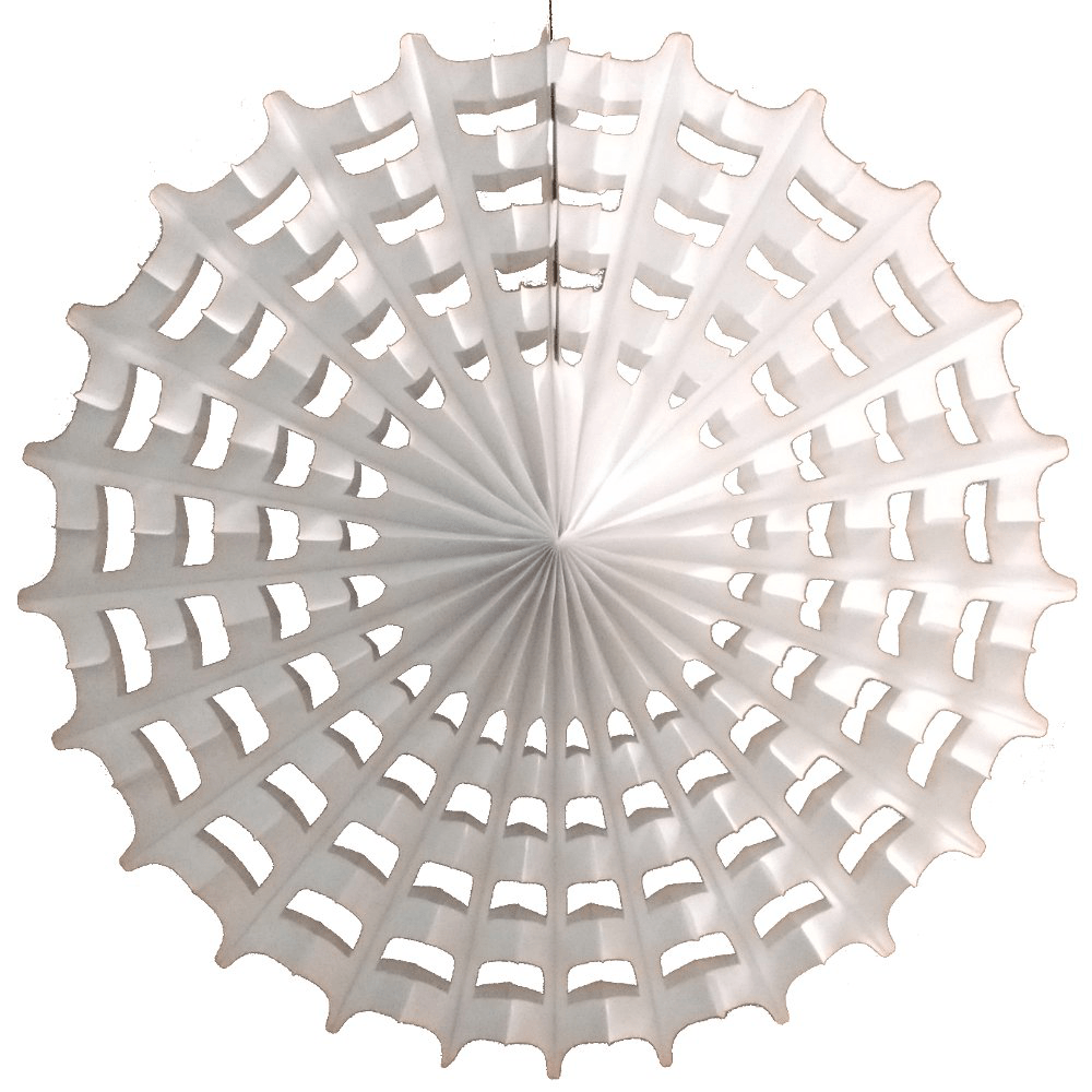 White tissue paper fan with a spiderweb cutout pattern, opened flat.