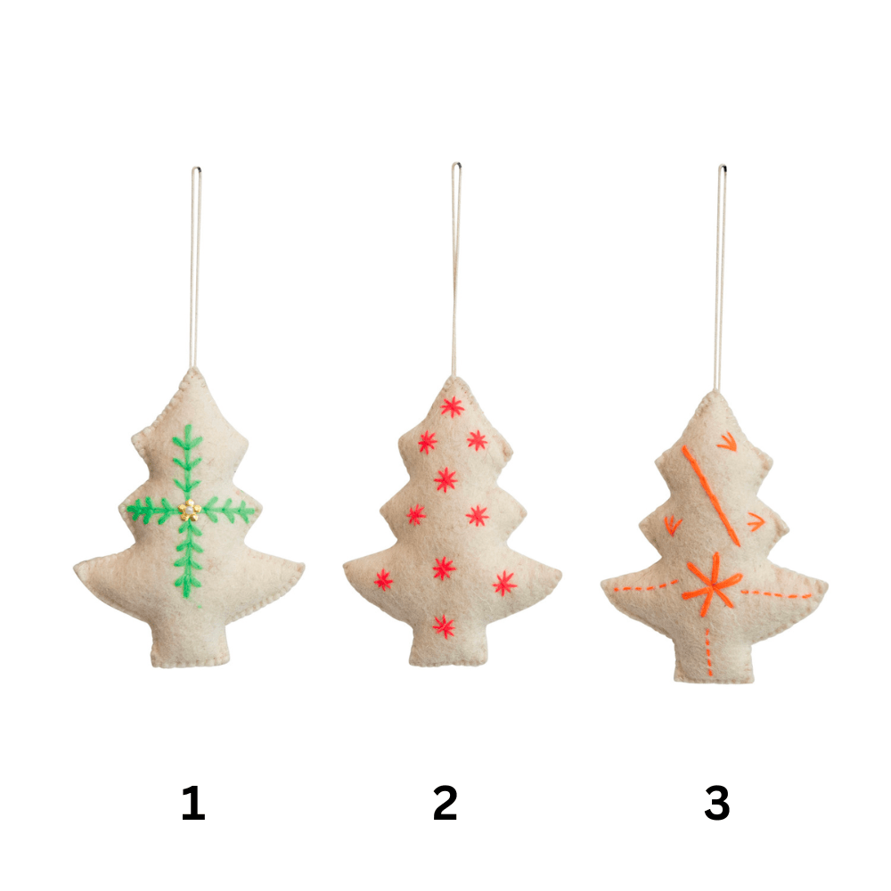 Handmade Wool Felt Tree Ornament w/ Embroidery, 3 Style Options