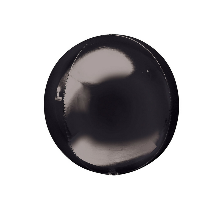 Round black orb-shaped foil balloon.