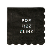 "Pop, Clink, Fizz" Black Cocktail Napkins
